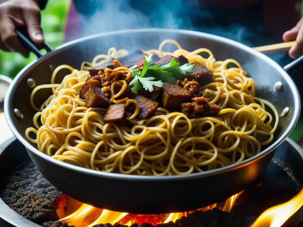 Un chef indonesio experto preparando Mie Goreng en un carrito callejero, evocando la evolución del Mee Goreng cultural