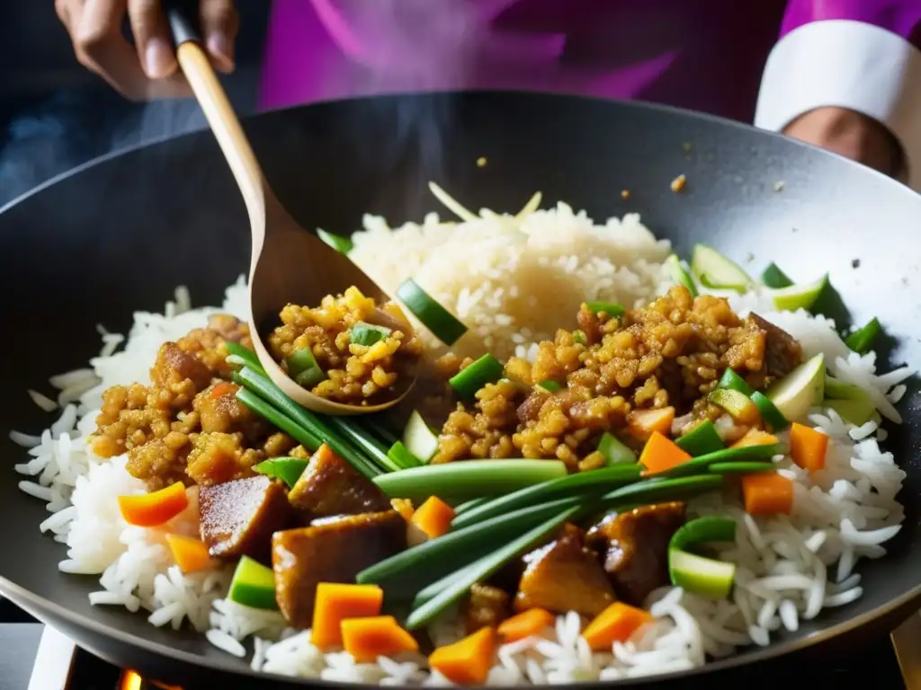 Un chef indonesio experto cocina Nasi Goreng en un wok burbujeante