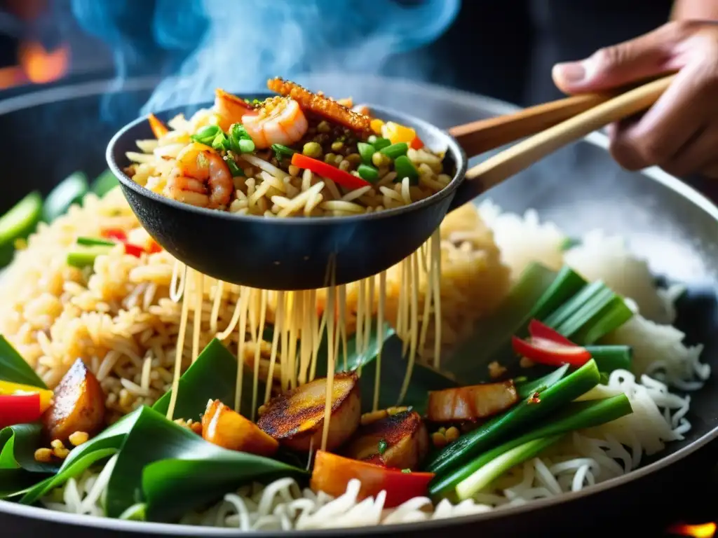 Un chef indonesio experto preparando Nasi Goreng en un wok humeante, capturando la esencia dinámica y sabrosa de la Historia Nasi Goreng Indonesia