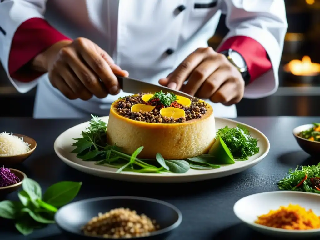 Un chef fusiona influencias culinarias europeas y del sudeste asiático en un plato colorido y detallado