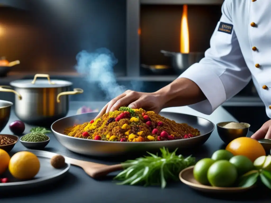 Un chef fusionando ingredientes en cocina época dorada fusión cultural