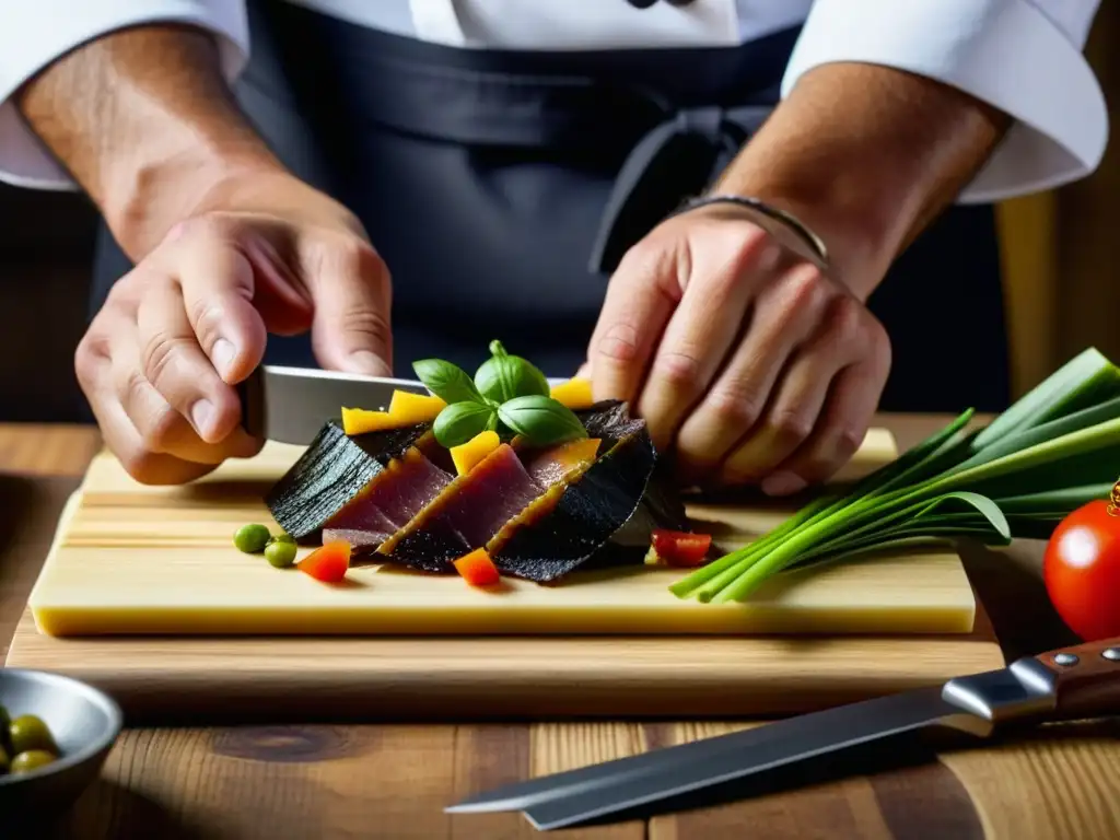 Chef fusionando ingredientes españoles con toques modernos en una tapa