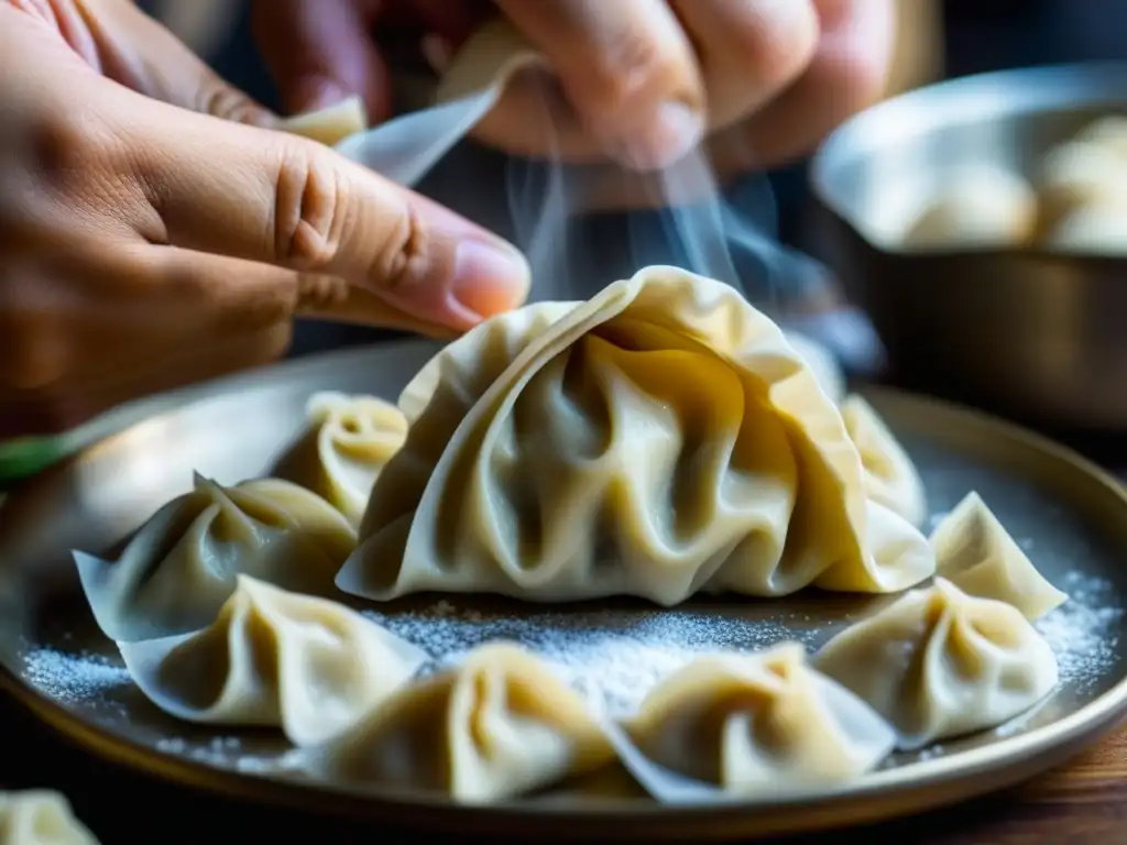 Un chef hábil fusiona ingredientes euroasiáticos en un dumpling, destacando la precisión y arte culinario en una cocina bulliciosa