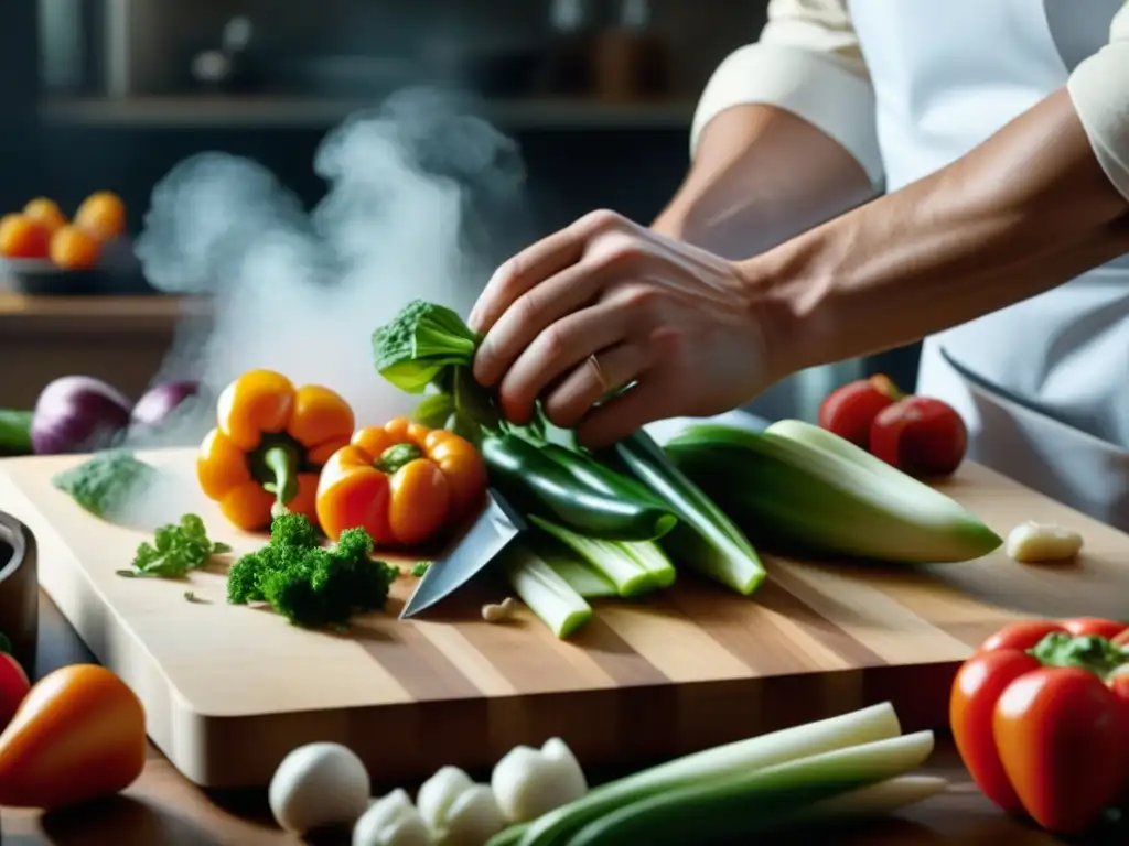 Un chef corta habilidosamente ingredientes frescos y coloridos para preparar chop suey en la gastronomía