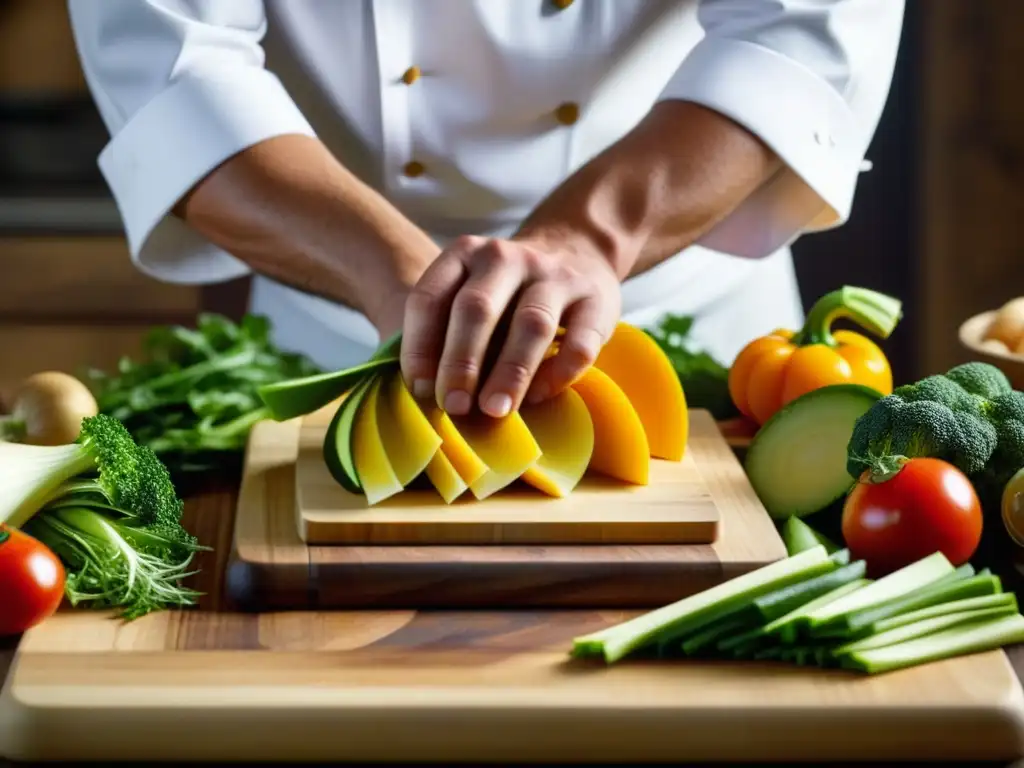 Un chef cortando ingredientes frescos con destreza en una tabla de madera, destacando la importancia cultural de la gastronomía