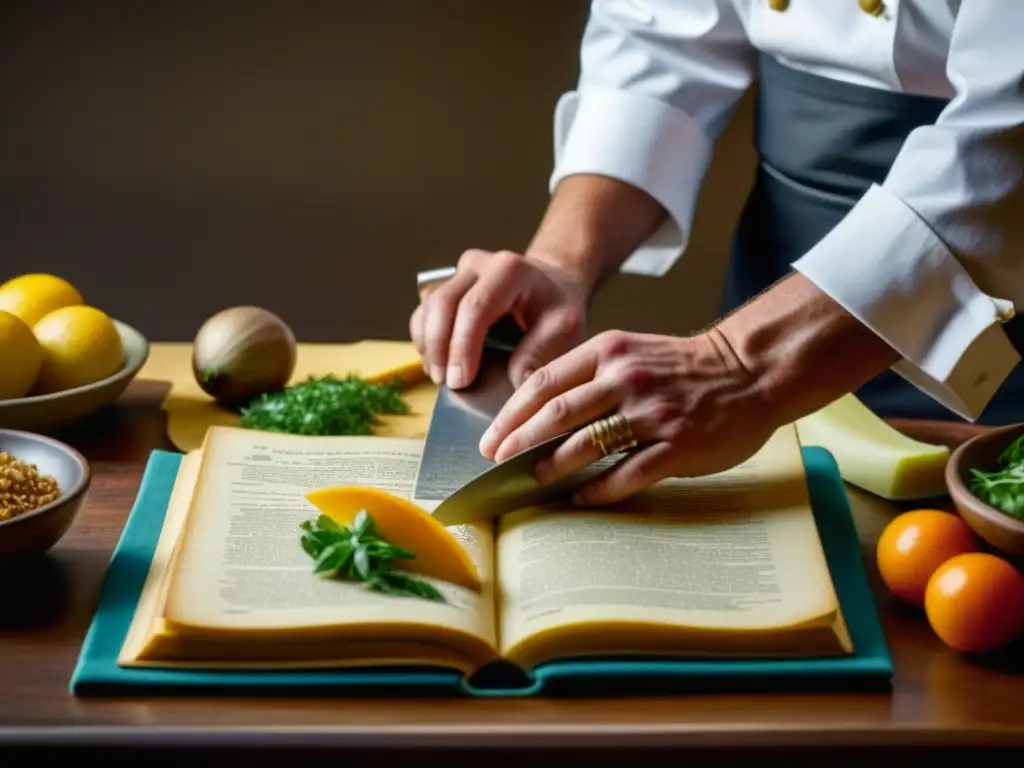 Un chef corta meticulosamente ingredientes históricos, con un libro vintage abierto al fondo