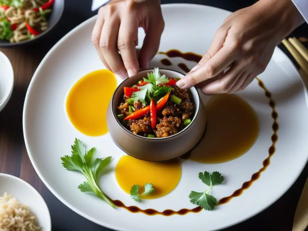 Un chef fusiona ingredientes IndoChinos en un plato blanco, resaltando la fusión culinaria y la historia detrás