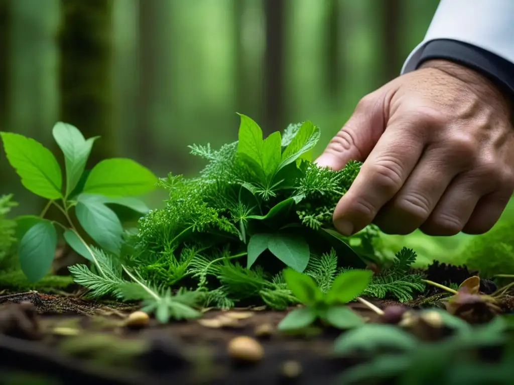 Un chef recogiendo delicadamente ingredientes silvestres verdes en un bosque, destacando la practica de forrajeo sostenible en gastronomía