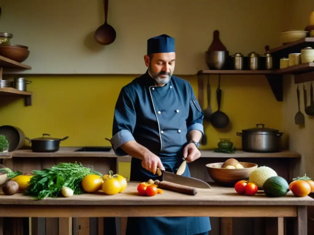 Un chef innovador en una cocina rústica de Europa del Este comunista, creando platos con ingredientes limitados