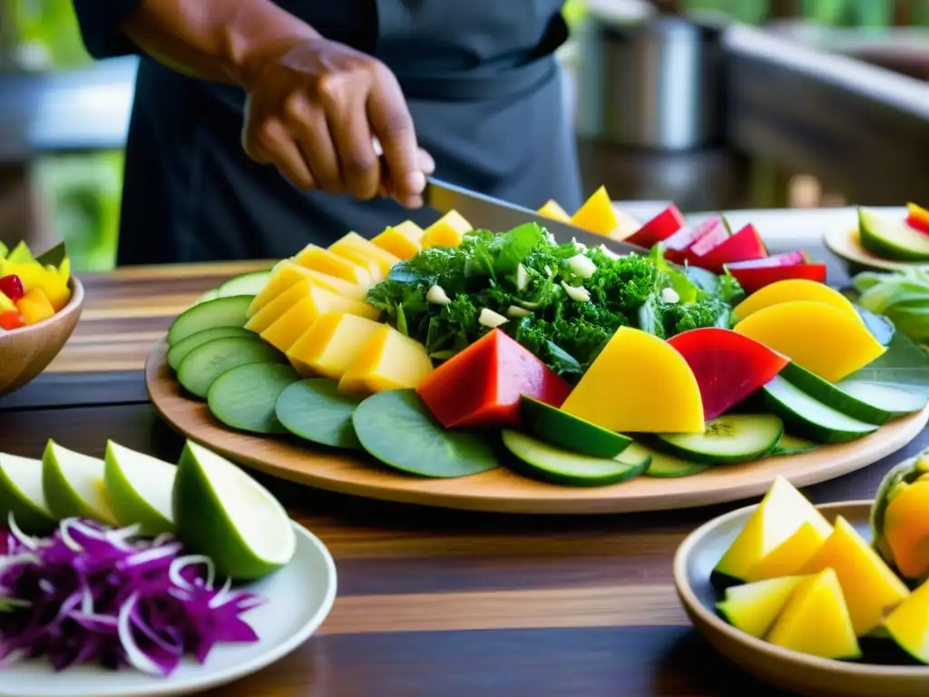 Un chef isleño prepara una dieta precolonial en Islas Pacífico con frutas, vegetales y mariscos coloridos en una tabla de madera