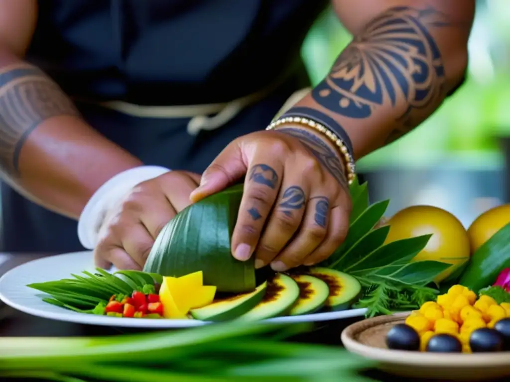 Un chef isleño del Pacífico elabora platos tradicionales con ingredientes locales, fusionando técnicas antiguas y modernas