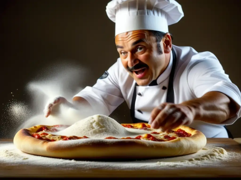 Chef italiano experto en pizza lanzando masa al aire, rodeado de harina en suspensión