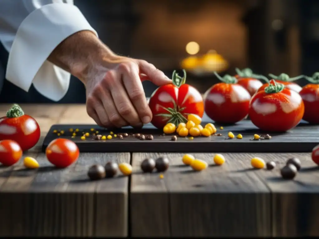 Un chef italiano coloca tomates rojos, maíz dorado y chocolate en una mesa rústica