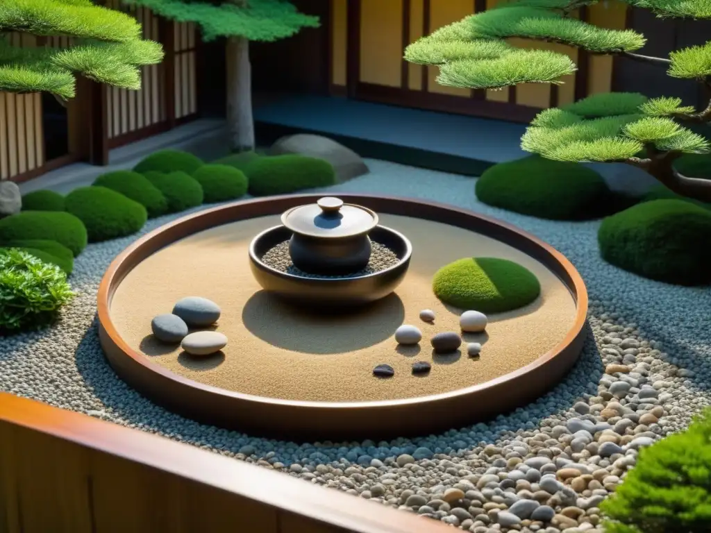 Un chef japonés preparando una comida tradicional en un jardín Zen, fusionando técnicas culinarias con la influencia Zen de Japón