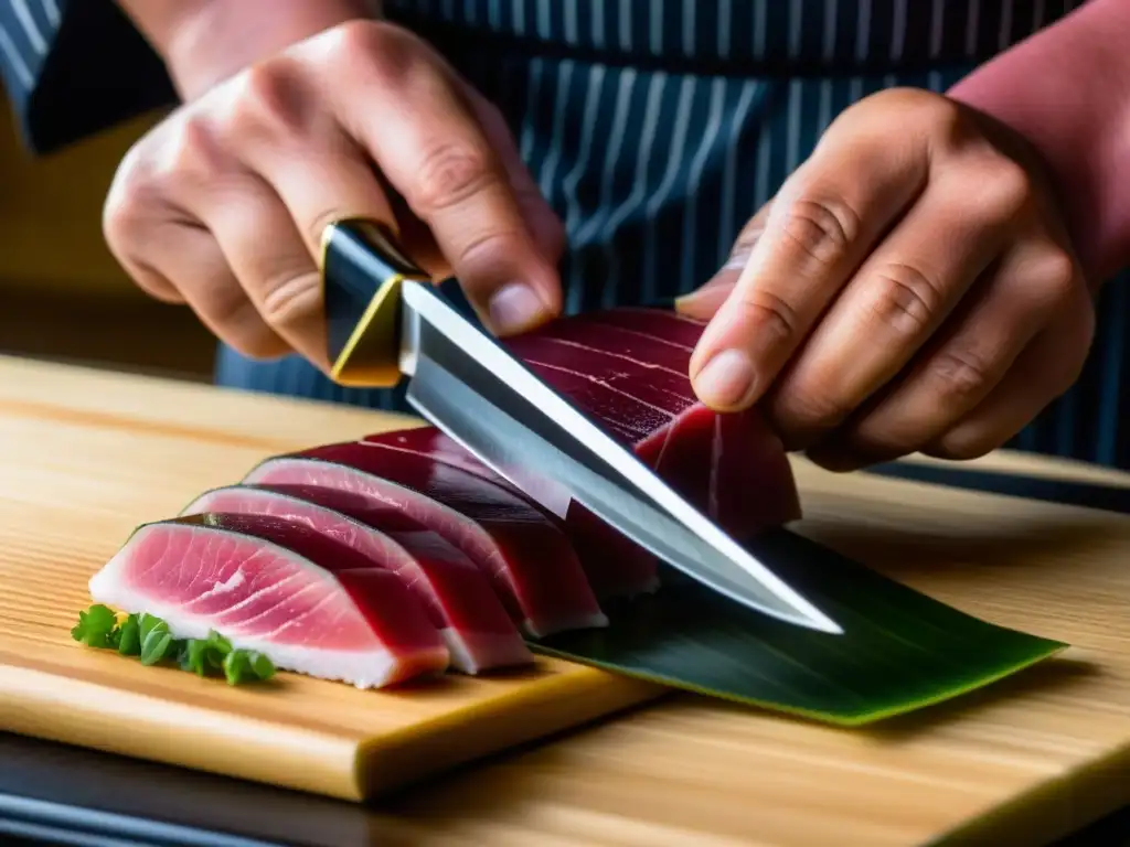 Chef japonés cortando sashimi de atún: precisión samurái Un chef japonés corta con precisión un fresco atún para preparar platos emblemáticos samuráis historia