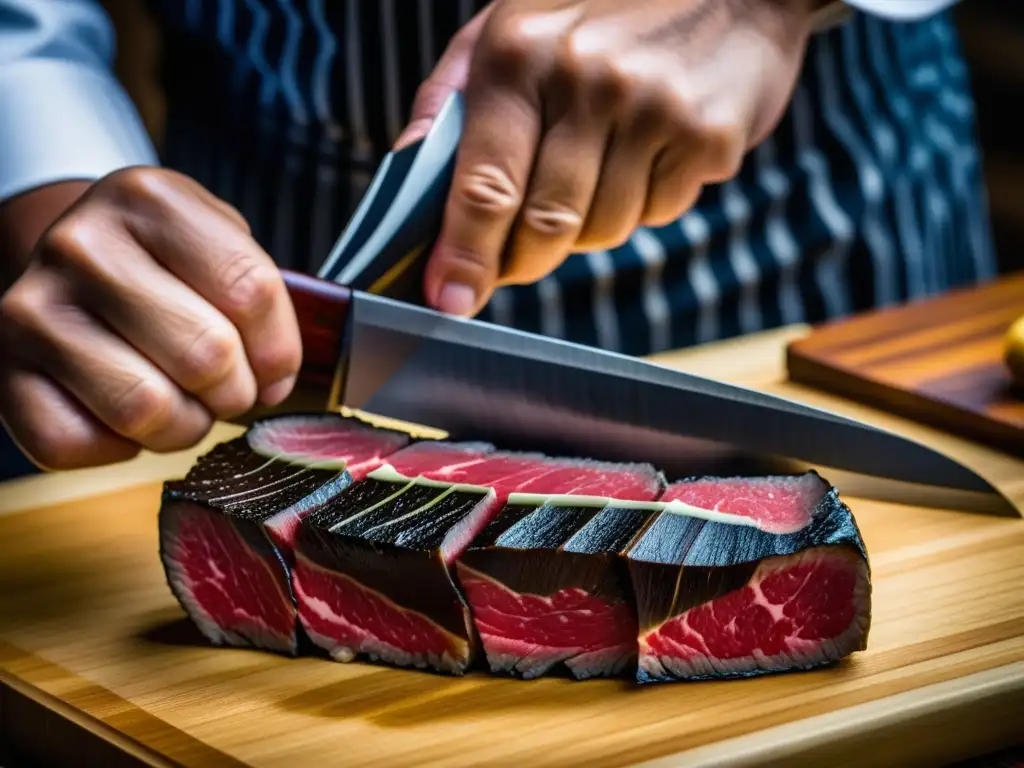 Un chef japonés corta con precisión un suculento Wagyu, mostrando sus vetas y destreza culinaria en la Conservación de alimentos en cocinas históricas