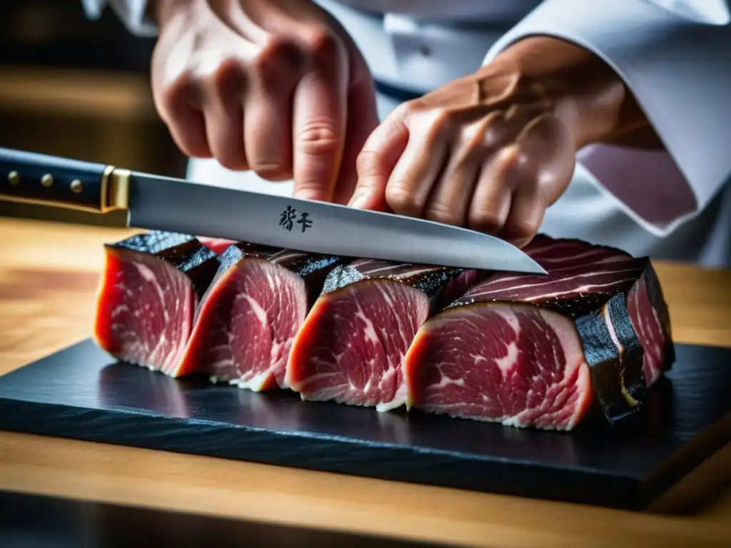 Un chef japonés corta con precisión un exquisito wagyu, fusionando la influencia europea en la cocina japonesa