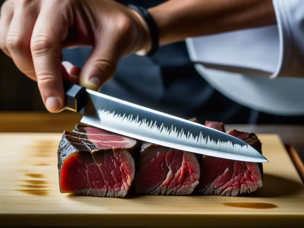 Un chef japonés corta con precisión un exquisito Wagyu A5, mostrando la tradición y destreza de la cocina japonesa