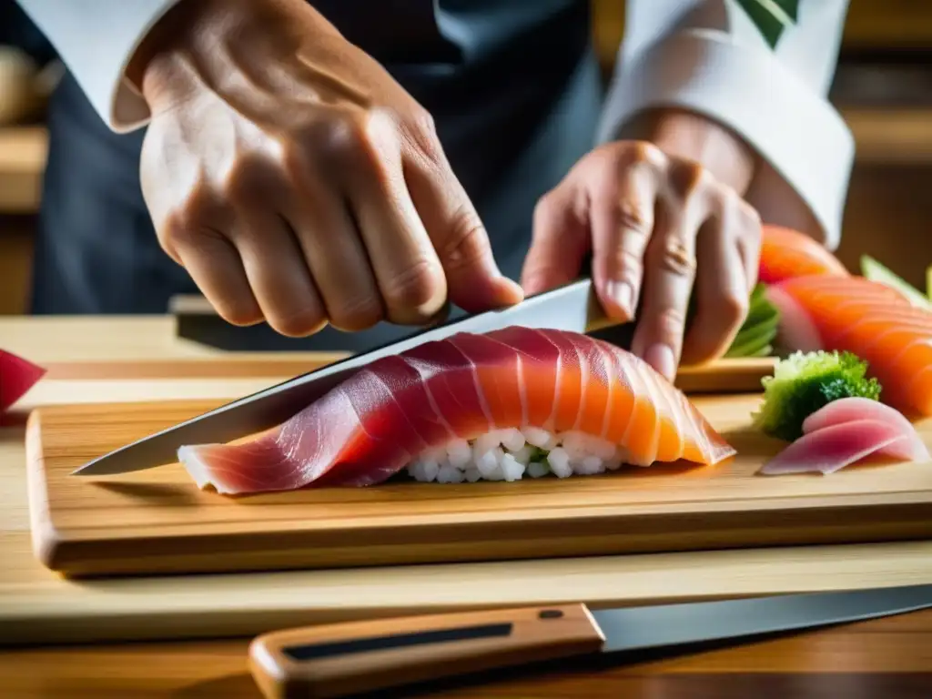 Un chef japonés corta con precisión una pieza de sashimi fresco, mostrando la importancia histórica del consumo de pescado en Japón