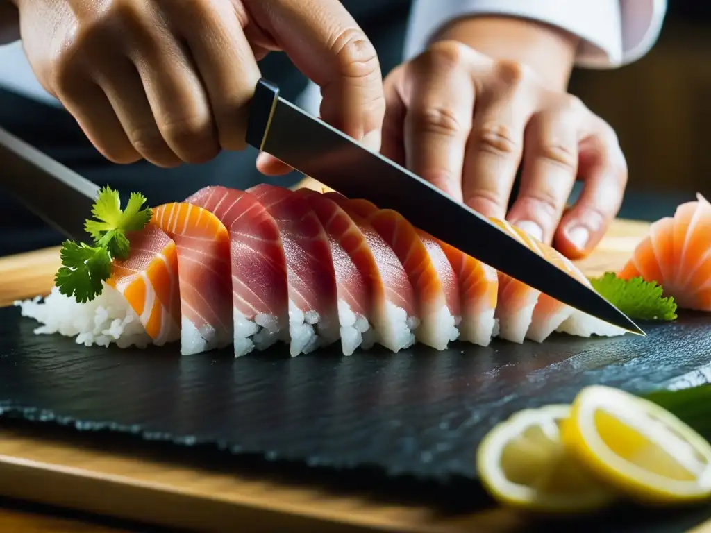 Un chef japonés corta sashimi con precisión, reflejando la importancia cultural de la cocina estacional japonesa