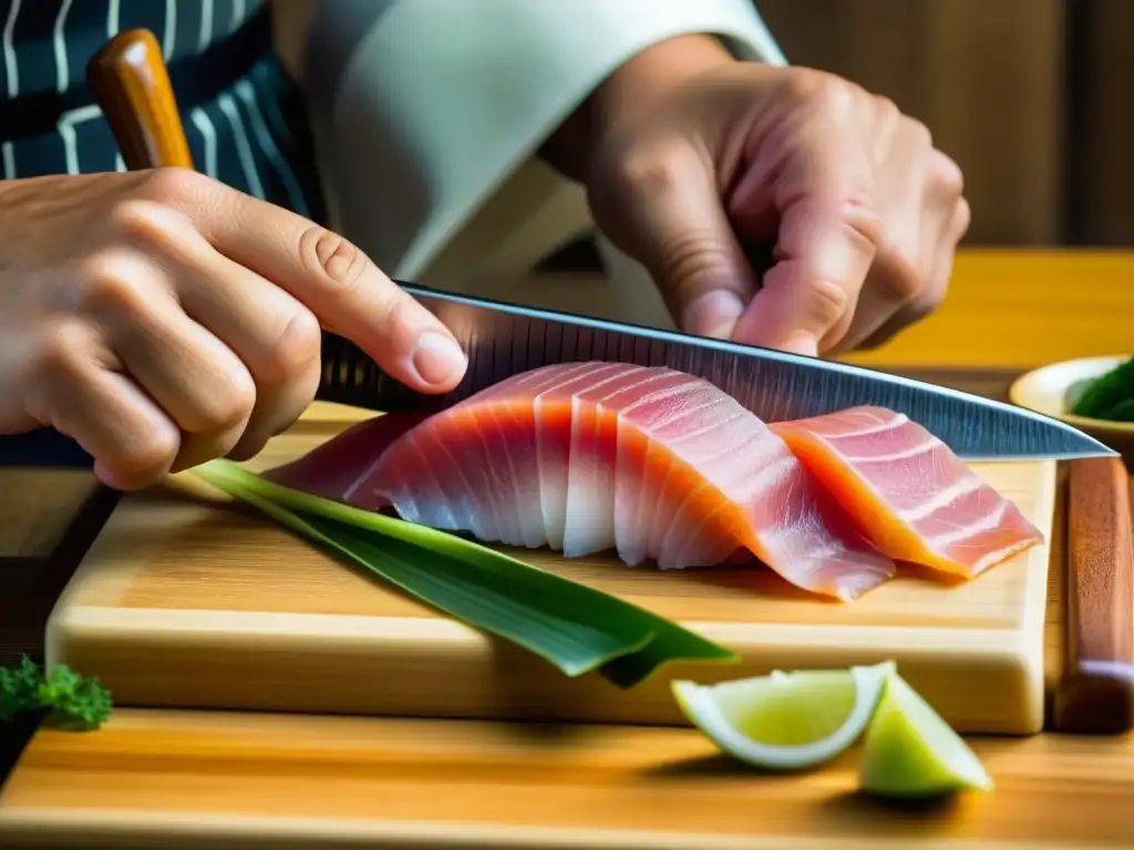 Un chef japonés corta sashimi con precisión en un tablero de madera, mostrando la destreza del proceso culinario