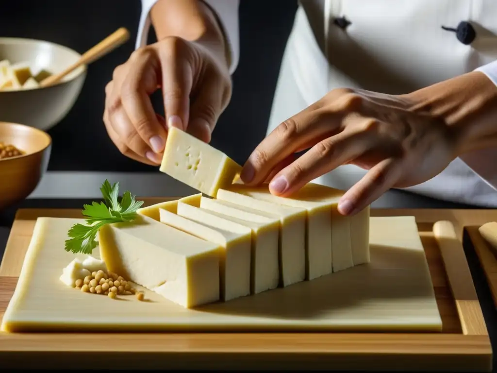 Un chef japonés corta tofu en finas láminas, mostrando la historia y cultura de la soja en la cocina japonesa