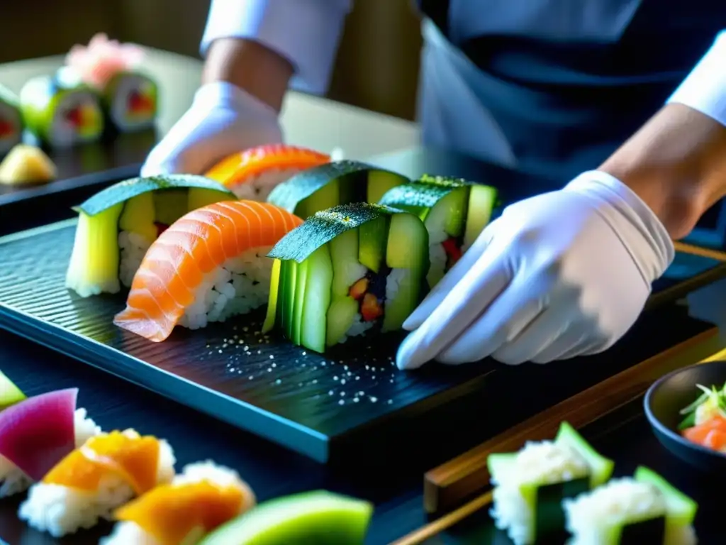 Un chef japonés de corte imperial crea sushi meticulosamente en un entorno sereno y auténtico