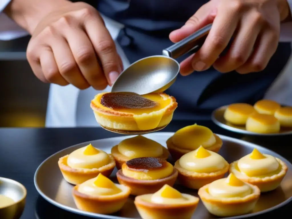 Arte culinario: Pastel de nata portugués elaborado por chef japonés El chef japonés prepara con destreza un pastel de nata portugués en una cocina japonesa, fusionando técnicas culinarias