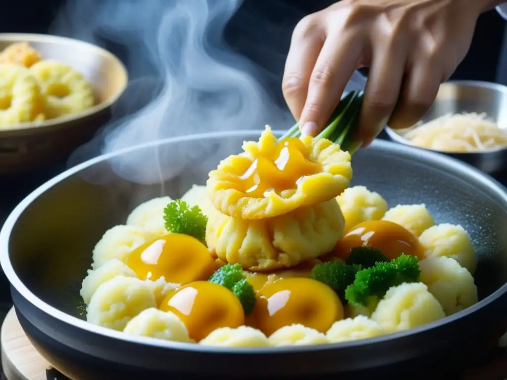 Maestro tempurero: Precisión japonesa en acción Un chef japonés sumerge con destreza vegetales y mariscos frescos en masa de tempura dorada, mostrando la técnica artesanal de la tempura