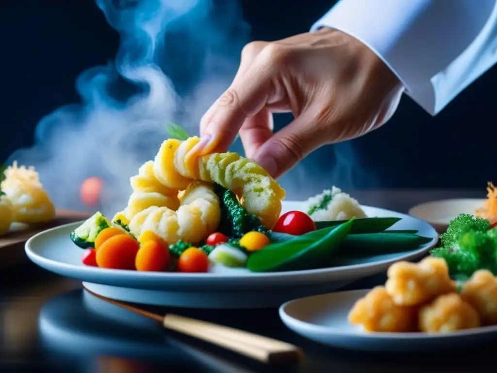 Delicada técnica japonesa: tempura con maestría Un chef japonés sumerge con destreza vegetales y mariscos frescos en masa de tempura, mostrando la técnica precisa y delicada de este plato