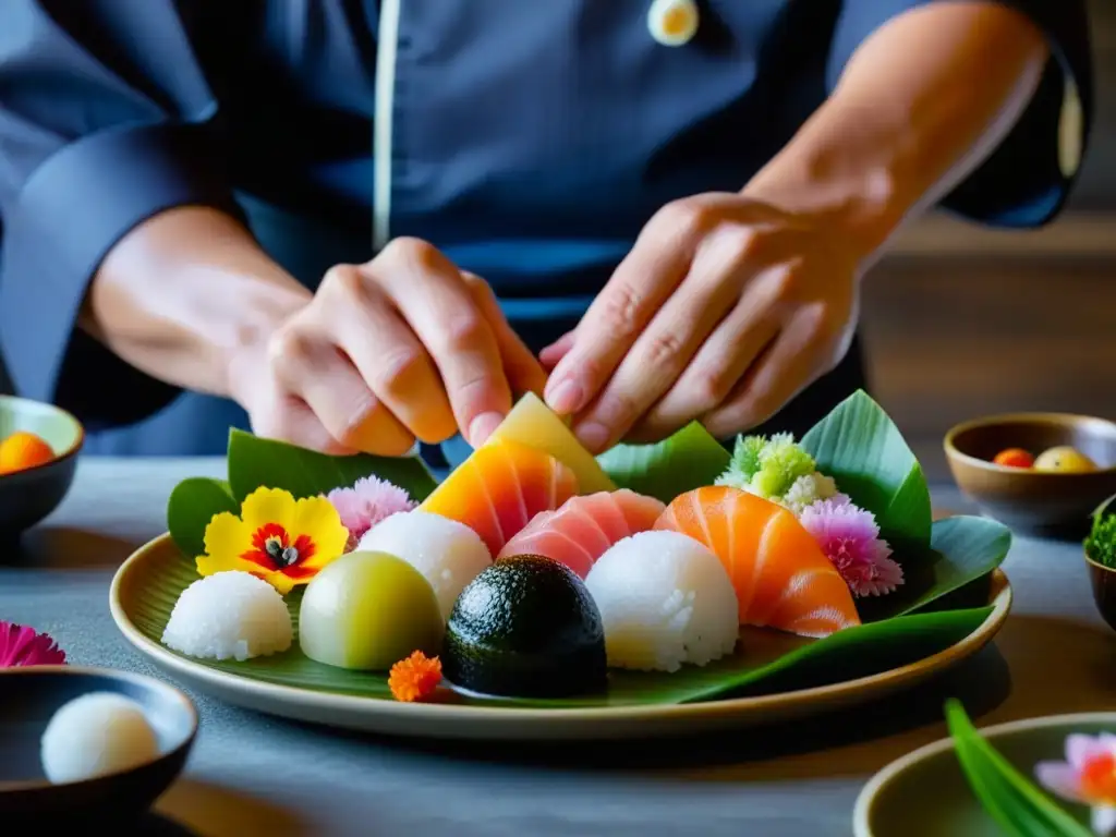 Chef japonés crea con precisión y detalle un elegante plato Kaiseki con ingredientes frescos y coloridos