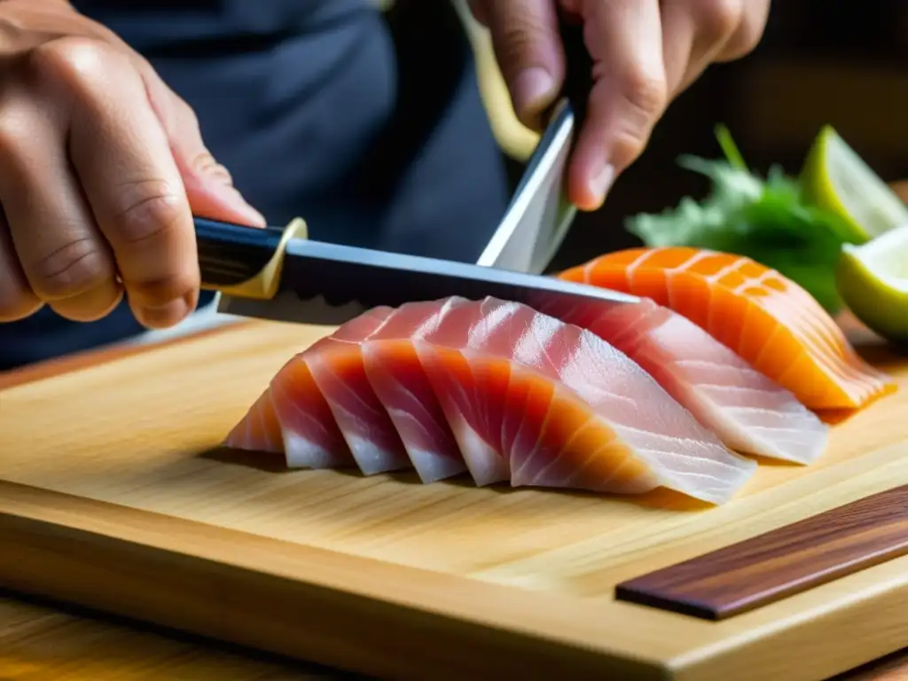 Un chef japonés de la era Edo corta sashimi con precisión