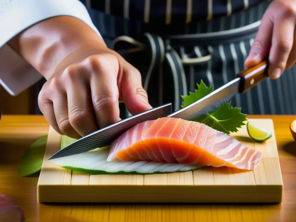 Un chef japonés de la era Edo corta sashimi con precisión