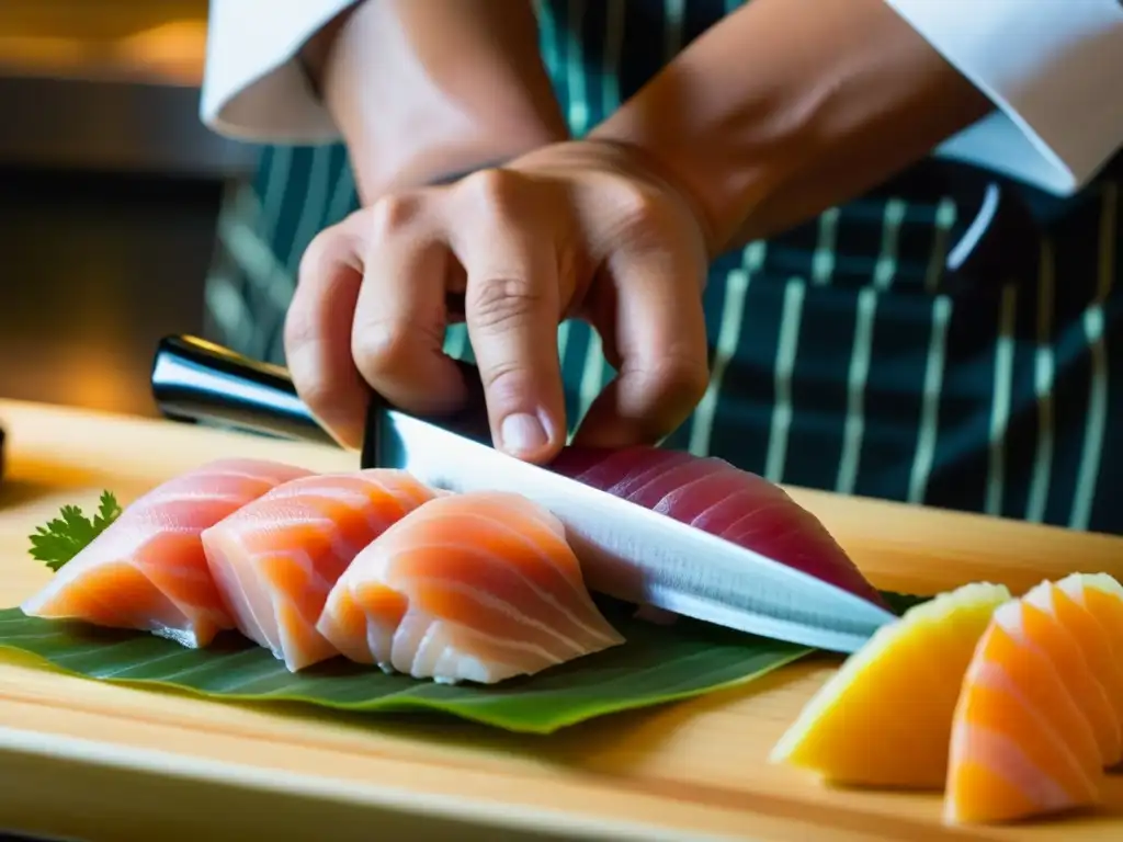 Un chef japonés de la era Meiji corta sashimi fresco con precisión en su cocina tradicional, mostrando la influencia gastronómica