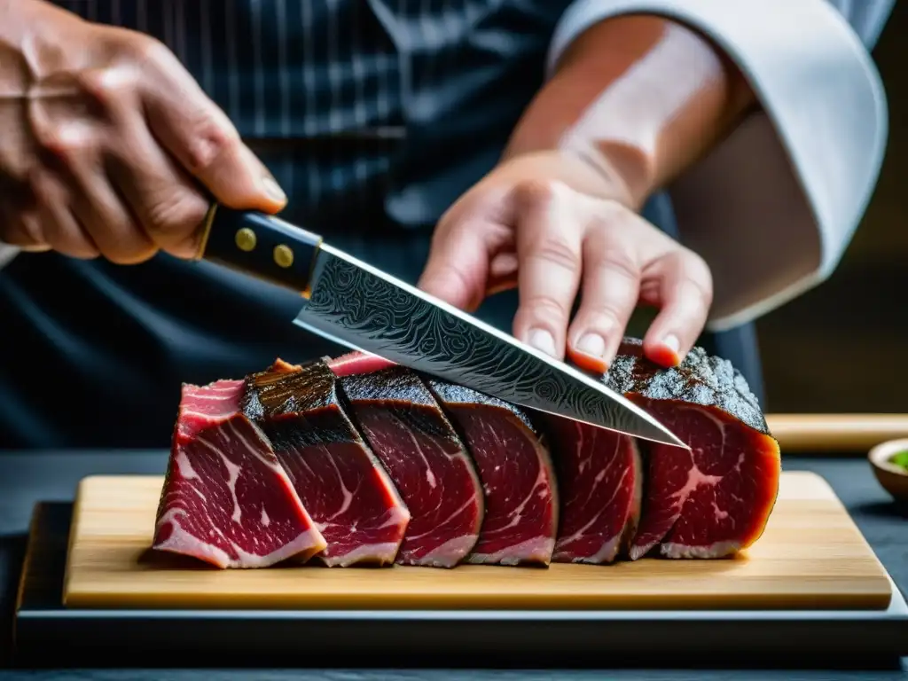 Un chef japonés experto cortando A5 Wagyu, resaltando el arte culinario y el Umami en la gastronomía japonesa