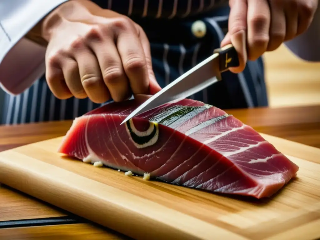 Un chef japonés experto cortando atún con precisión, mostrando la maravillosa influencia japonesa en gastronomía histórica