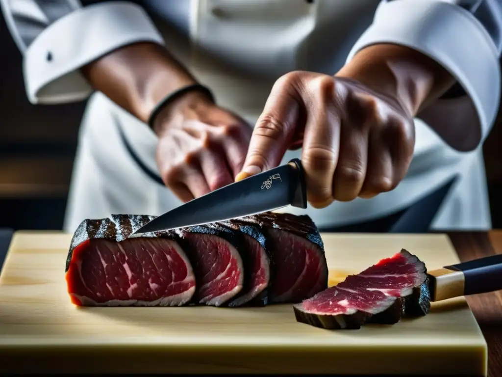 Un chef japonés experto en cocina japonesa corte imperial, cortando meticulosamente un trozo de Wagyu, resaltando la precisión y arte culinario