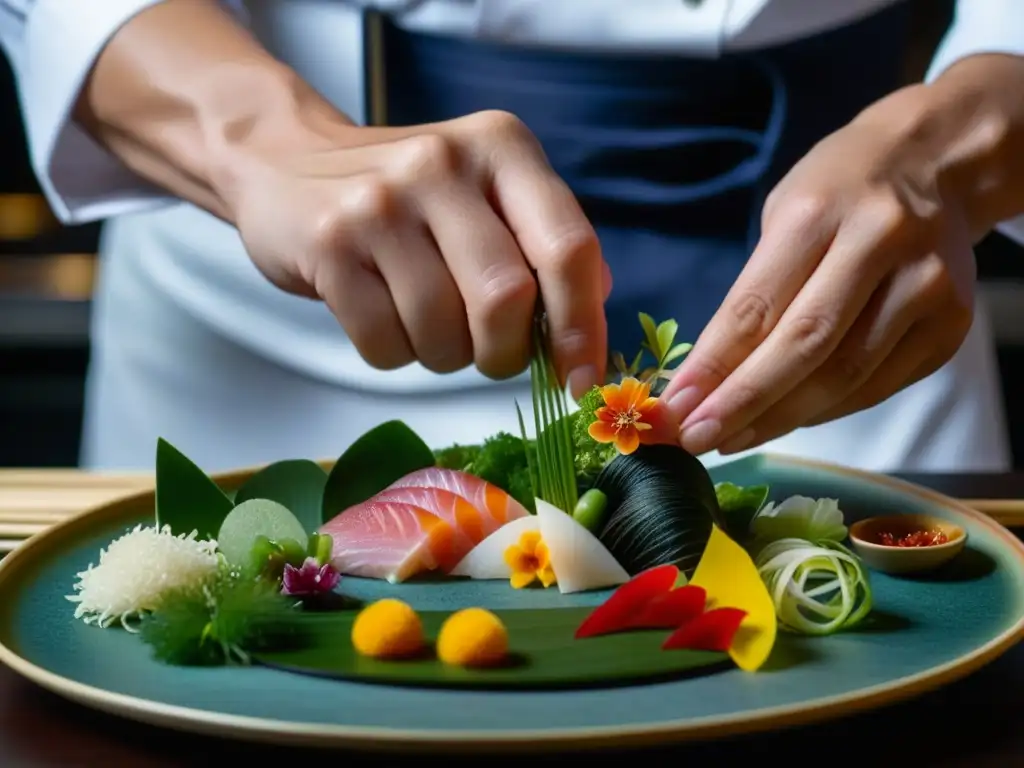 Un chef japonés experto ensambla un exquisito plato de Kaiseki contemporáneo, fusionando tradición e innovación culinaria japonesa