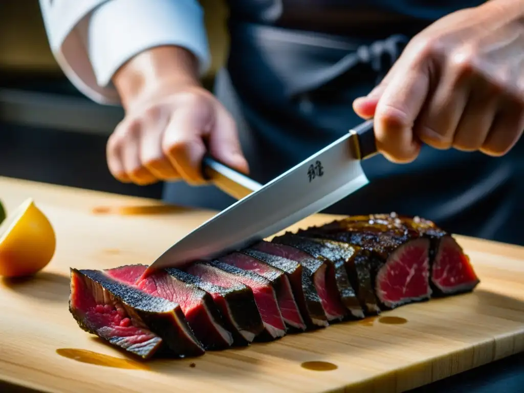 Un chef japonés experto cortando finas lonchas de A5 Wagyu, reflejando la estética Kaiseki