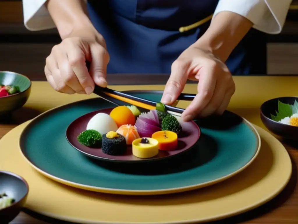 Un chef japonés experto preparando ingredientes con precisión en una cocina zen, representando la hospitalidad de la cocina Kaiseki Ryori