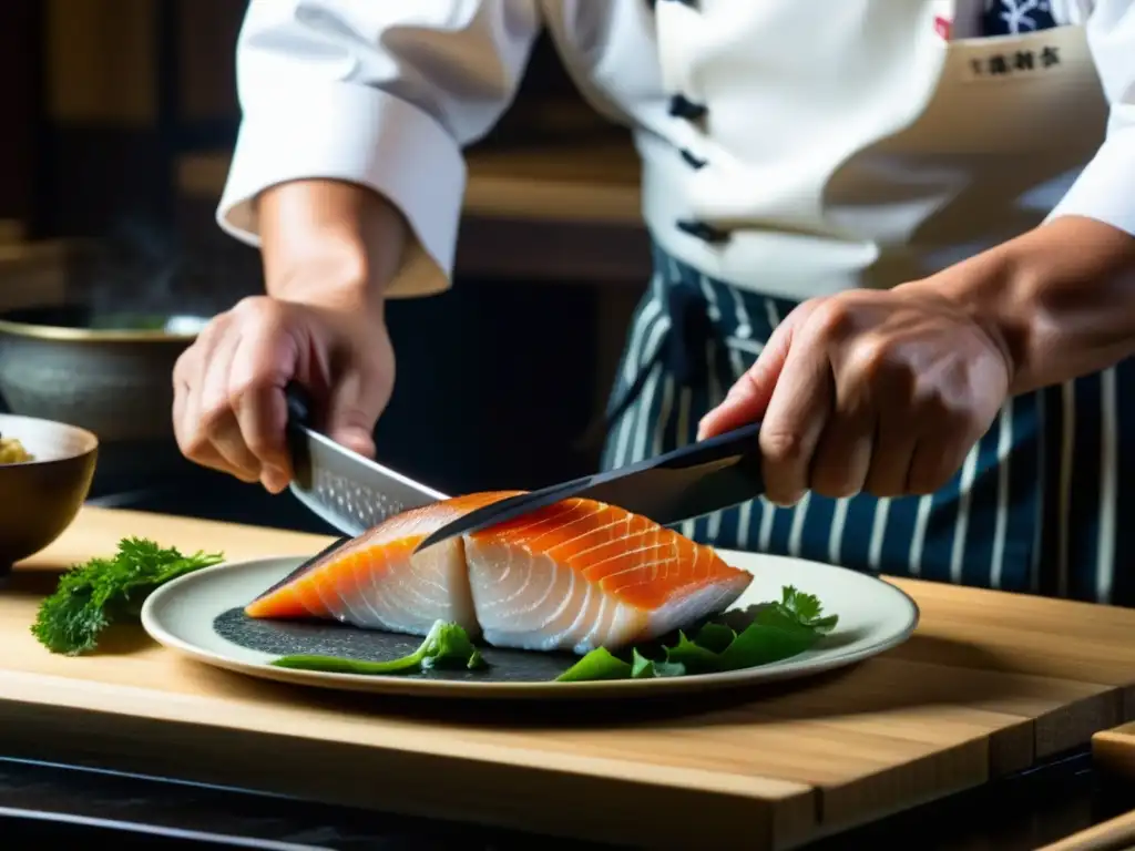 Chef japonés experto preparando un plato tradicional con técnicas de cocina japonesa milenarias