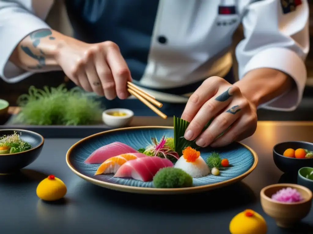 Un chef japonés experto crea un plato de Kaiseki contemporáneo en un elegante restaurante