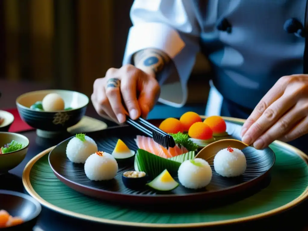 Un chef japonés experto en kaiseki arregla con maestría un plato de lacado exquisito