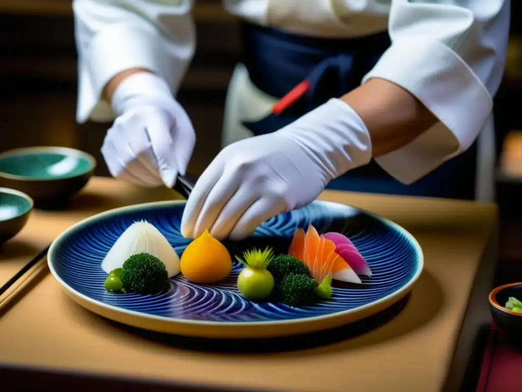 Un chef japonés experto crea con precisión un plato de Kaiseki Ryori, destacando la armonía y belleza de la cocina Zen