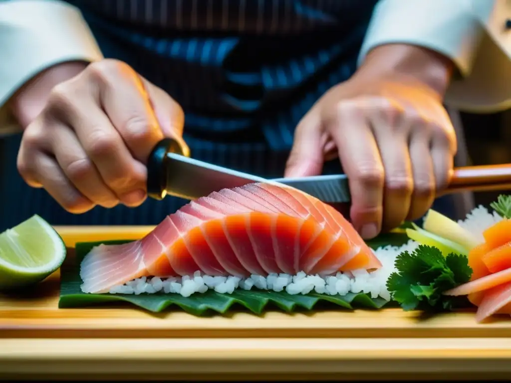 Chef japonés experto cortando sashimi con precisión