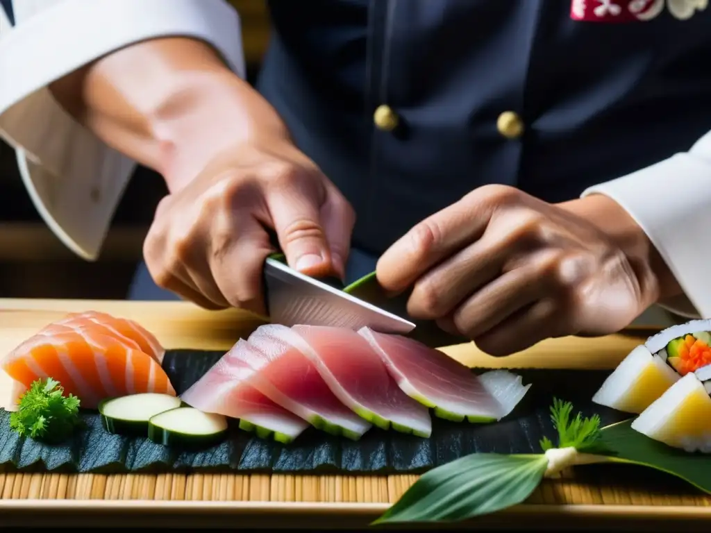 Un chef japonés experto cortando sashimi, demostrando la precisión y arte de la cocina japonesa corte imperial