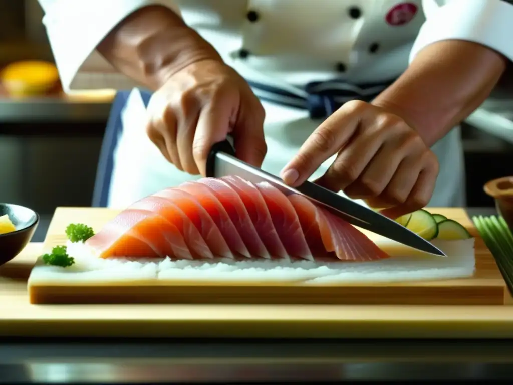 Un chef japonés experto cortando sashimi fresco con precisión y destreza, destacando la historia y tradiciones culinarias japonesas