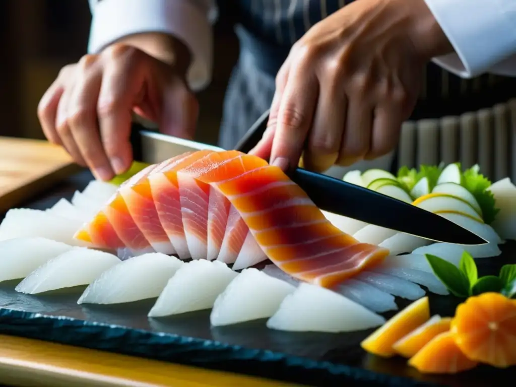 Un chef japonés experto cortando sashimi con precisión y destreza, resaltando la artesanía de la cultura alimentaria japonesa de la Restauración Meiji