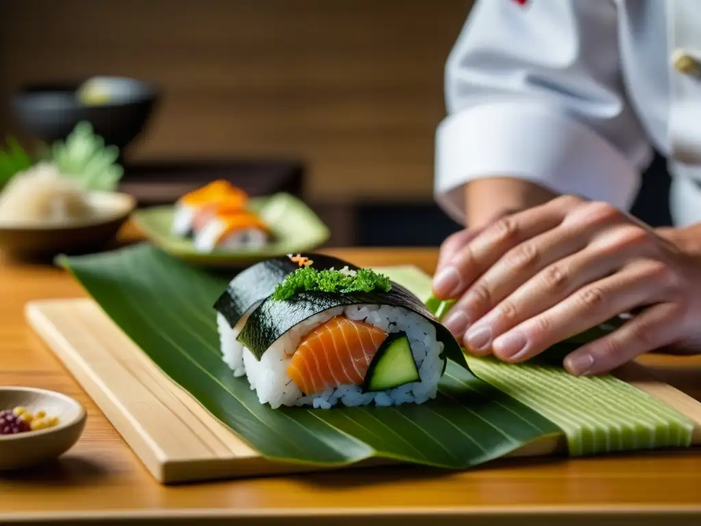 Chef japonés experto preparando sushi con detalles precisos en Origen restaurantes Japón Era Meiji