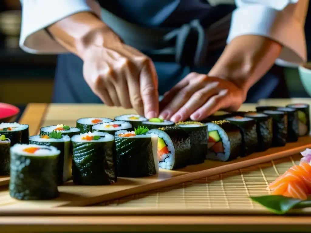 Un chef japonés experto preparando sushi con detalle durante la expansión de la cocina japonesa en la Era Meiji